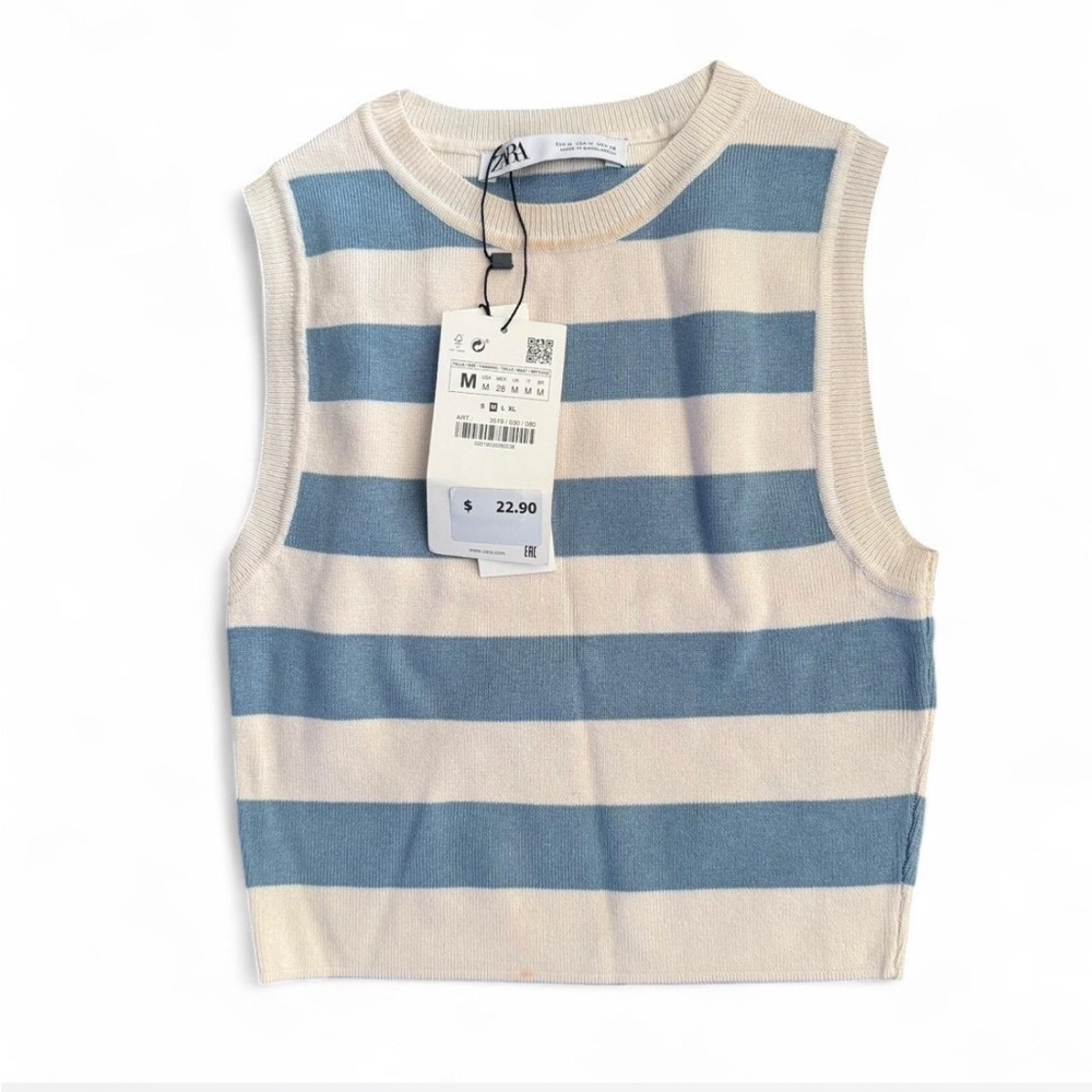 Zara Women’s Cream and Blue Striped Tank Top